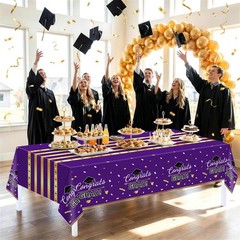 Graduation Tablecloth 54″x108″ Purple Gold Disposable Plastic 3 Pack