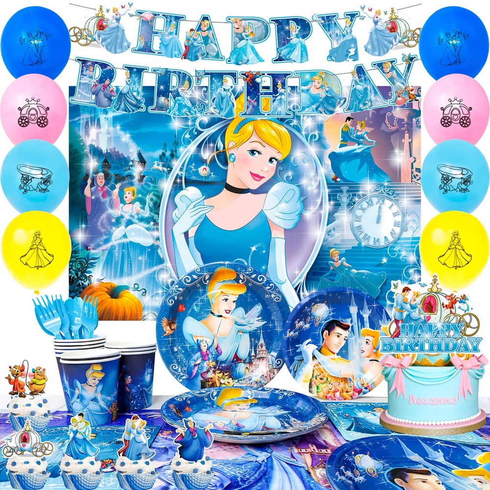 112 Pcs Cinderella Party Supplies Princess Party Decorations Balloons Tableware