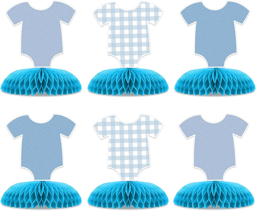 6 Pcs Blue Bodysuit Party Decorations, Blue Gingham Honeycomb Centerpieces, Birt