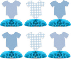 6 Pcs Blue Bodysuit Party Decorations, Blue Gingham Honeycomb Centerpieces, Birt