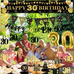 30th Birthday Decorations Set – 27pcs Black Gold Party Supplies, Banner, Balloon