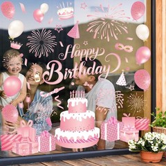 6 Sheet Happy Birthday Window Clings Pink Birthday Cake Balloon Firework Reus…