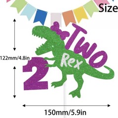T-Rex Cake Topper Birthday For Two Year Old Dinosaur Pink And Green