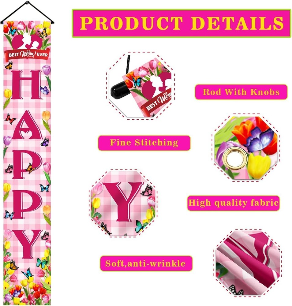 Happy Mothers Day Banner, 71″ X 12″ Mother’s 71 inches x 12 inches, Pink