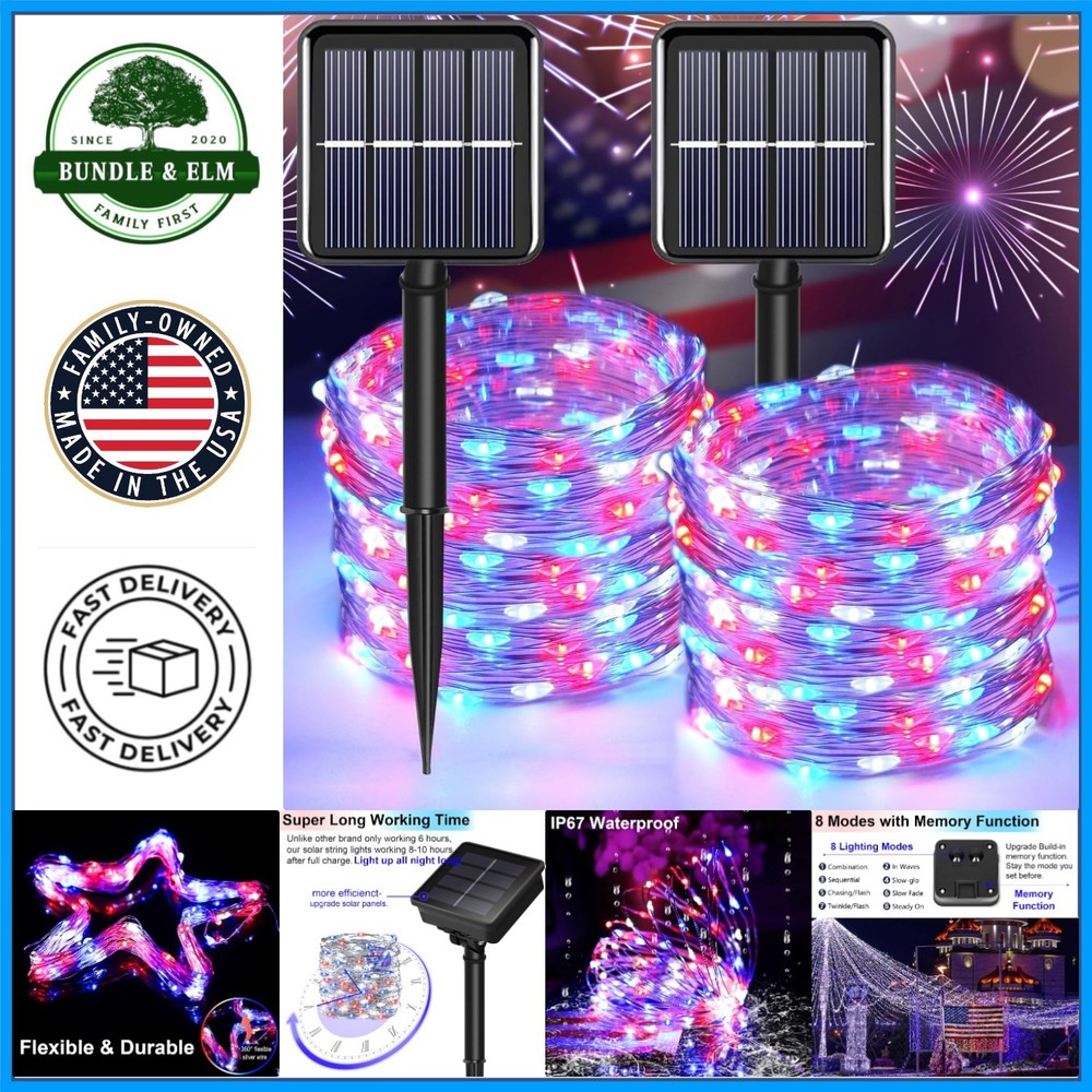 Patriotic Solar Fairy String Lights, 200 LED Red White Blue Waterproof Decor
