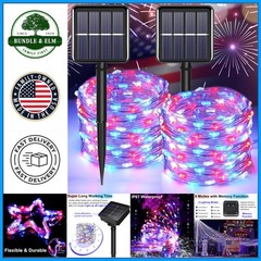 Patriotic Solar Fairy String Lights, 200 LED Red White Blue Waterproof Decor