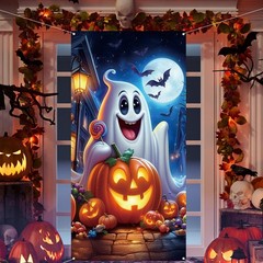 Halloween Decorations Ghost Pumpkin Treats Bats Door Cover Banner Gift 35″x71″
