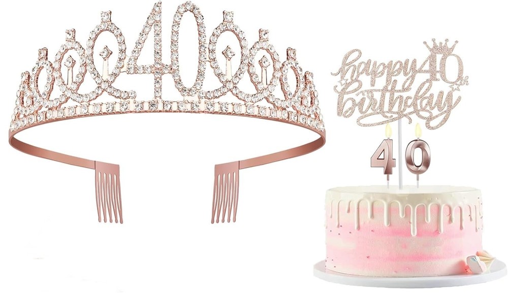 40th Birthday for Women Crown/Tiara , Candles, Cake Topper Rose Gold