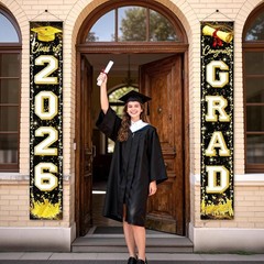 Black Gold Graduation Decorations Class of 2026 Congrats GRAD Porch Sign Banner