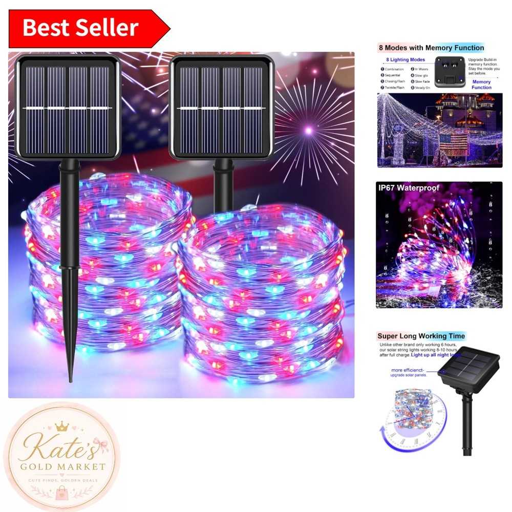 200 LED 66FT Solar Patriotic String Lights – 8 Modes, Waterproof for Outdoor Fun