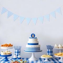 Blue Gingham Flag Banner – Baby Shower Party Decorations,Gingham Pennant