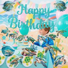 Sea Turtle Birthday Banner with Garland Hanging Swirls, Turtle Birthday Decorati