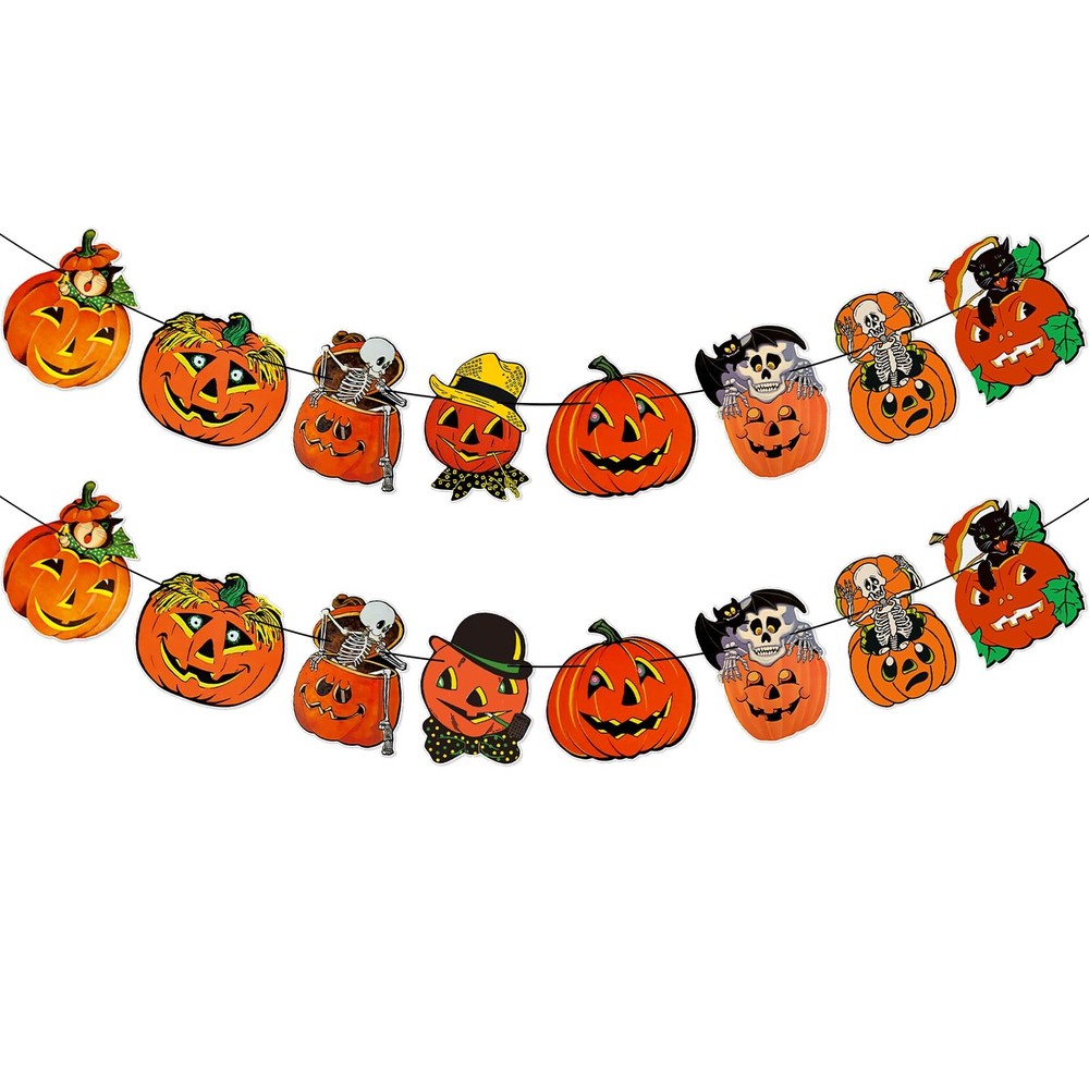 2 Pack Vintage Halloween Pumpkin Garland Banner Decorations, Retro Orange