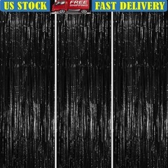 Black Foil Fringe Curtains 3 Pack Shimmer Backdrop Party Decor Easy Hang New