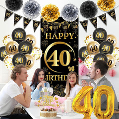 40Th Birthday Decorations Women Men – 37 Pcs Black Gold Banner Pennant Triangle