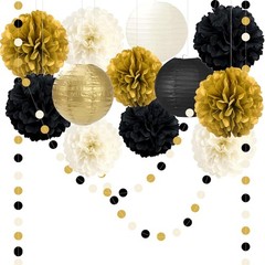 14PCS Black and Gold Party Decorations, Tissue Paper Pom Poms, Paper Lanterns…
