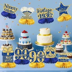 9Pcs Blue Gold 90th Birthday Decorations Blue 90th Birthday Honeycomb Centerpiec