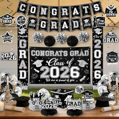 Black and Silver Graduation Decorations 2026 Set, All-In-1 Kit with Congrats Gra
