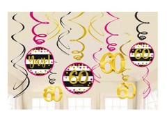 Pink & Gold 60th Birthday Hanging Swirl Decorations Sixtieth Birthday Party ~ 12
