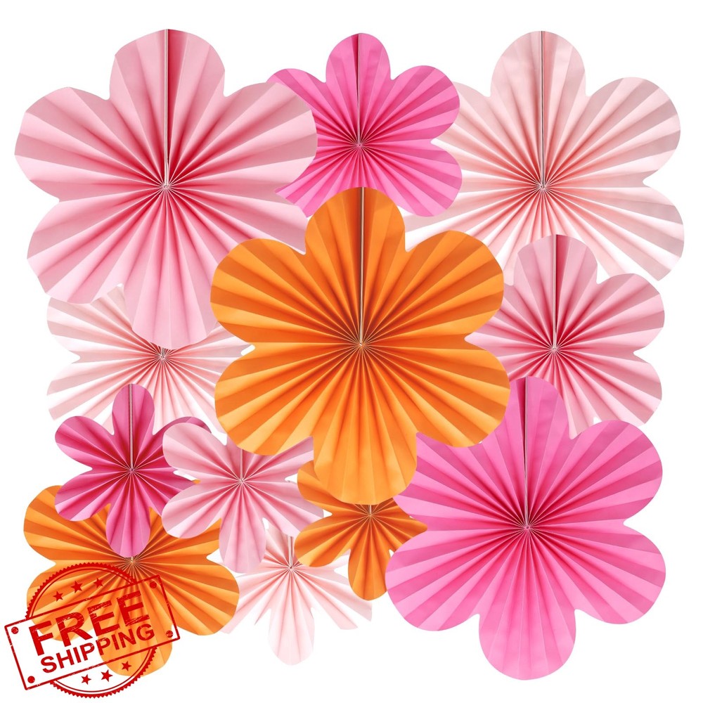 BestoFun Orange Hot Pink Paper Flower Fans 12 Pcs