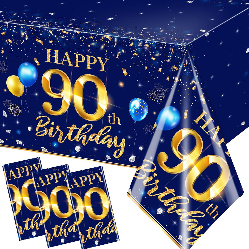 90th Birthday Decorations Men-3pcs Navy Blue Birthday Table Covers Rectangle Wat