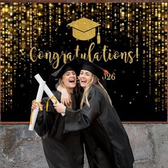 Elegant 2026 Graduation Backdrop – Black Gold Glitter Bokeh, 7x5ft Perfect fo…