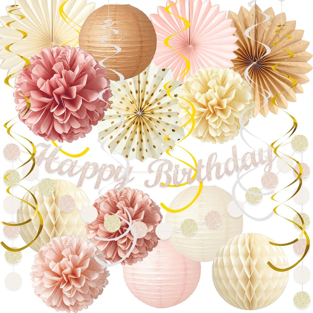 ChampagneGold Beige Birthday Decorations for Women Girls, Boho Peach Paper La…