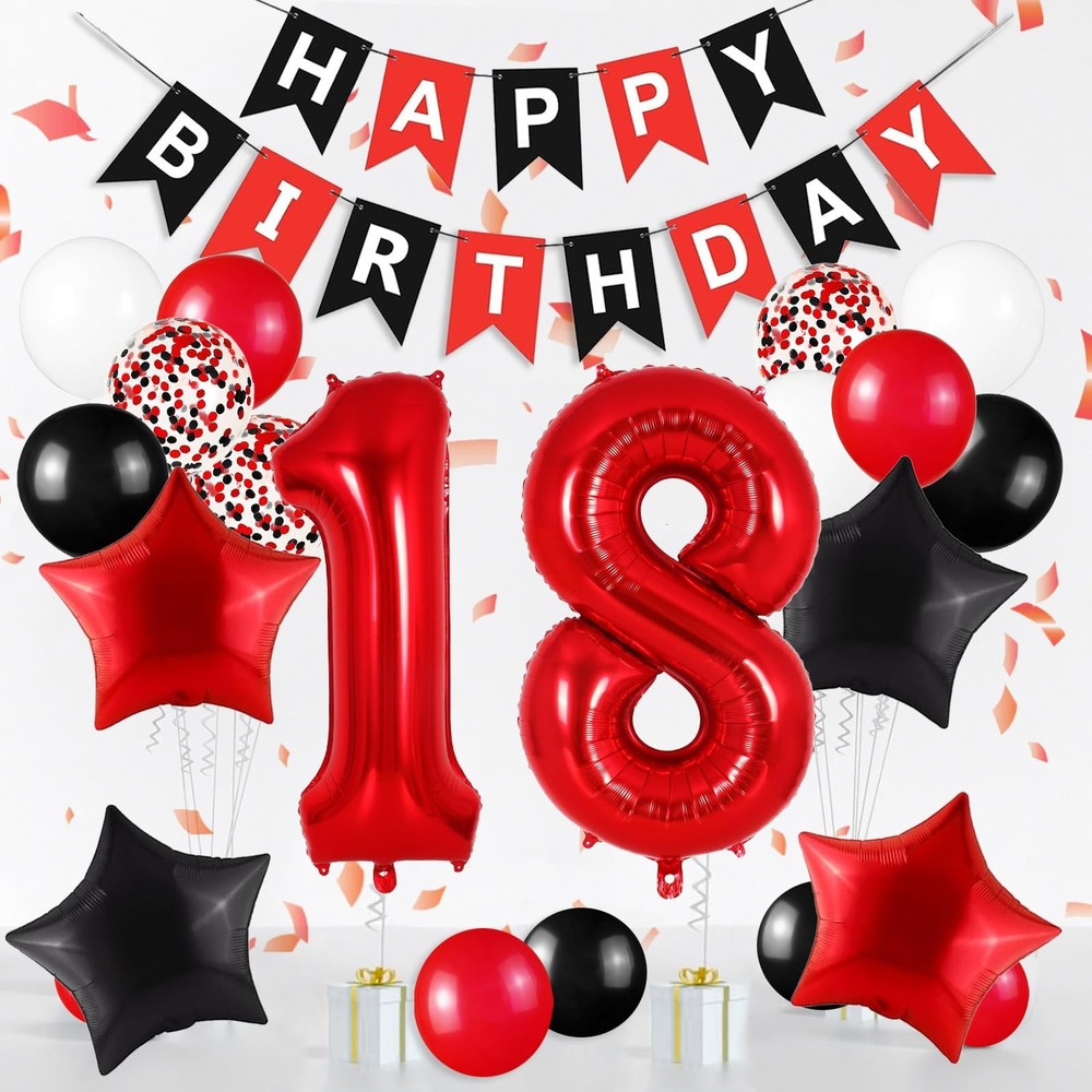Happy 18th Birthday Decorations For Boys Girls, Red 18 Balloon Numbers 40 Inc…