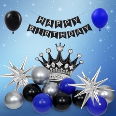 Birthday Decorations for Men with Black Metallic Silver Navy Blue Balloons Banne