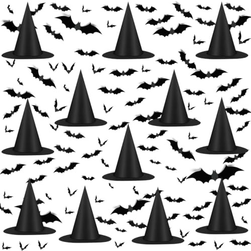 12pcs Halloween Black Witch Hat with 157 FT Nylon Cord &120pcs Bat Sticker