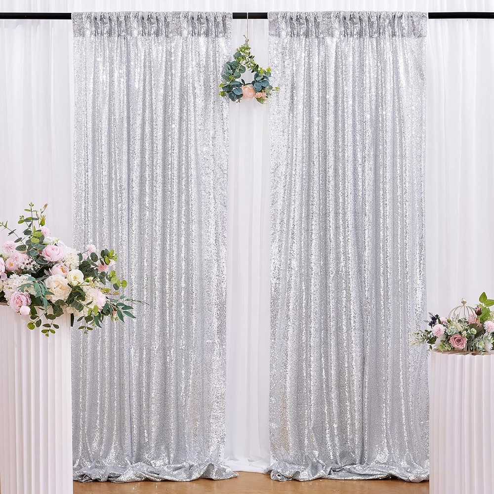 Silver Sequin Backdrop Curtains 2 Panels 2ftx8ft Birthday Sequin Curtain for