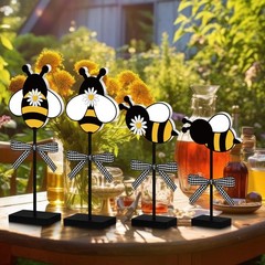 Anglechic 4 Pcs Bee Table Decor Summer Wooden Sign Bee Decorations for Home S…