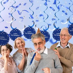 Retirement Party Decorations Blue Silver Happy Retirement Banner Swirls Kit