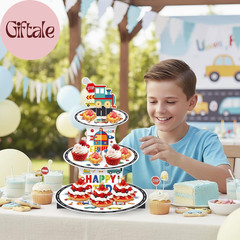 3 Tier Transportation Themed Cupcake Stand with Topper Train Birthday Decoration