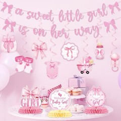 Pink Bow Baby Shower Decorations – 13Pcs a Sweet Little Girl is on Her Way Ba…