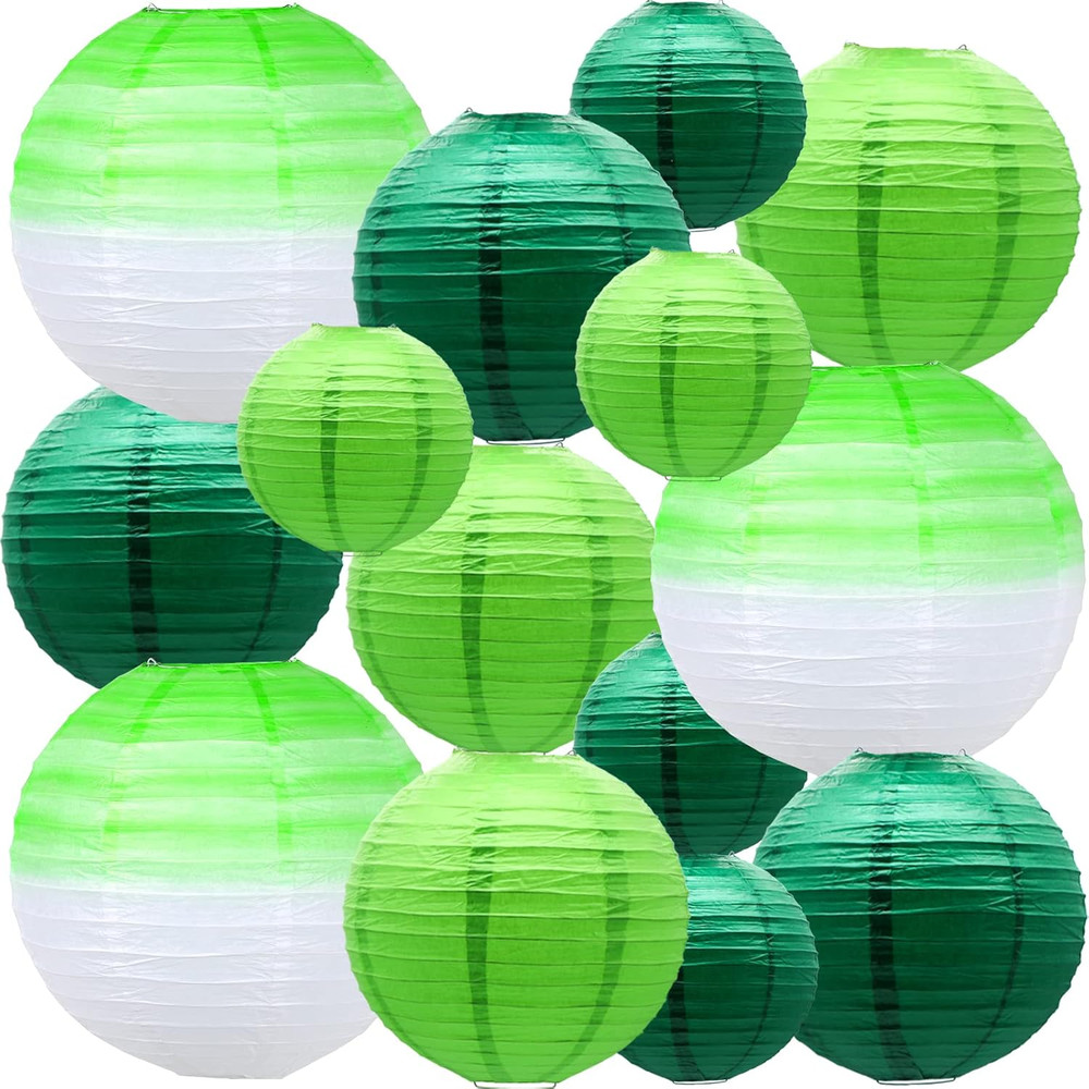 14 Pack Green Paper Lanterns Party Decorations, Grass Green Dark Green Hanging C