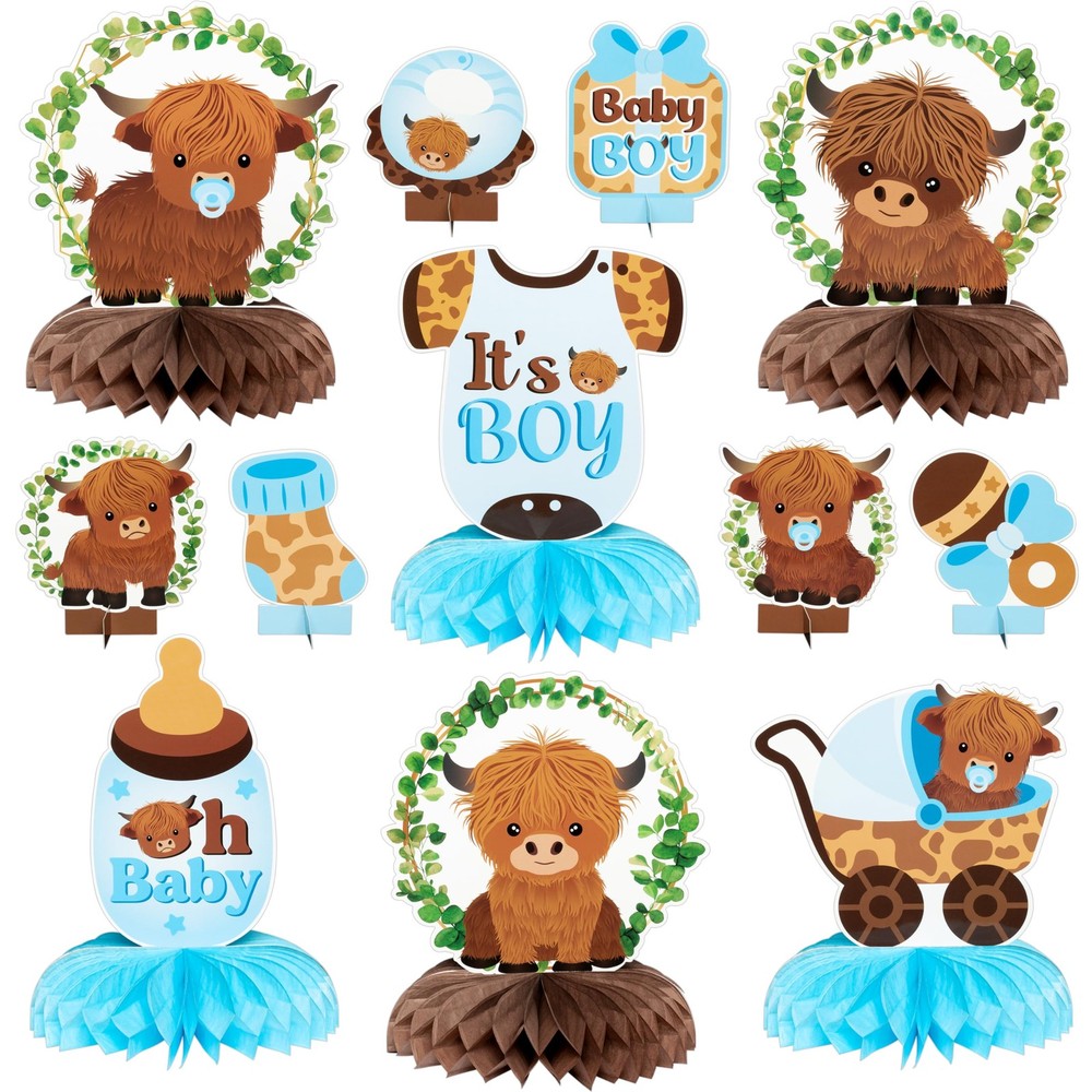 12Pcs Greenery Highland Cow Honeycomb Centerpieces Blue Highland Cattle Party…