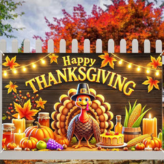 Thanksgiving Turkey Pumpkin Banner 71×43″ Outdoor Decor Photo Booth Backdrop