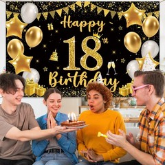 18th Birthday Decorations Backdrop Banner Black Gold Happy 18th Birthday Banners