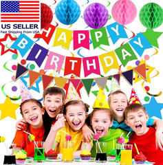 Colorful Birthday Decorations, Happy Birthday Banner with Honeycomb Balls, Stars