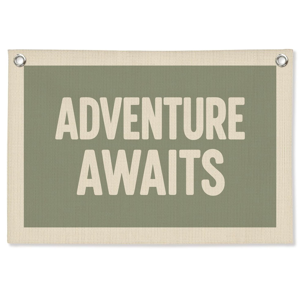 Adventure Nursery Decor, Adventure Awaits Wall Hanging Canvas Banner, Sage Gr…