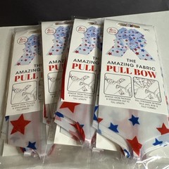 4th July USA Party Decor Fabric Pull Bow 6” WHITE w/ RED & BLUE STARS LOT of 4
