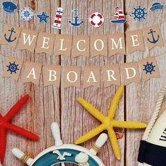 3 Pcs Jute Burlap Welcome Aboard Banner Rustic Vintage Nautical Sailboat Ligh…