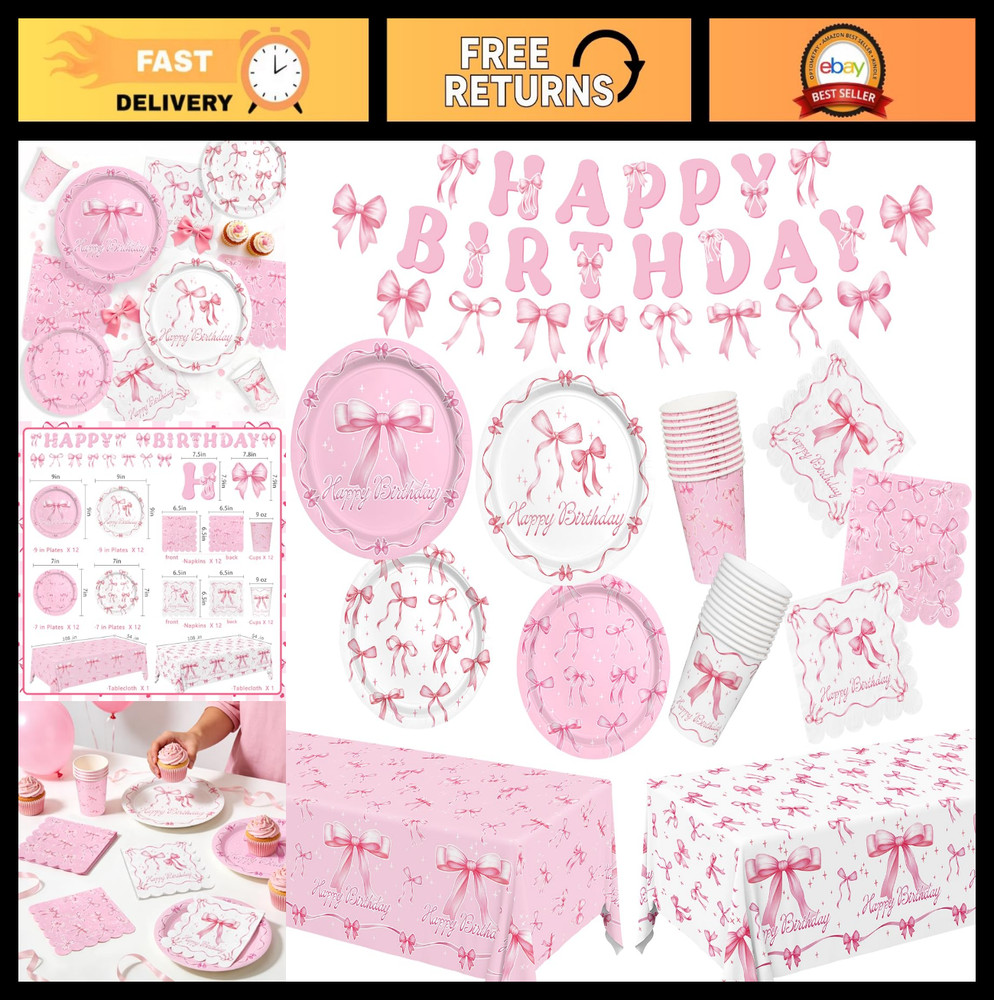 Pink Bow Birthday Decorations Set for 24 – Bachelorette Party Supplies, Plates,