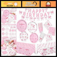 Pink Bow Birthday Decorations Set for 24 – Bachelorette Party Supplies, Plates,