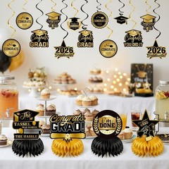 Graduation Party Decorations 2026–Black Gold Grad Banner, Class of Backdrop, Bal