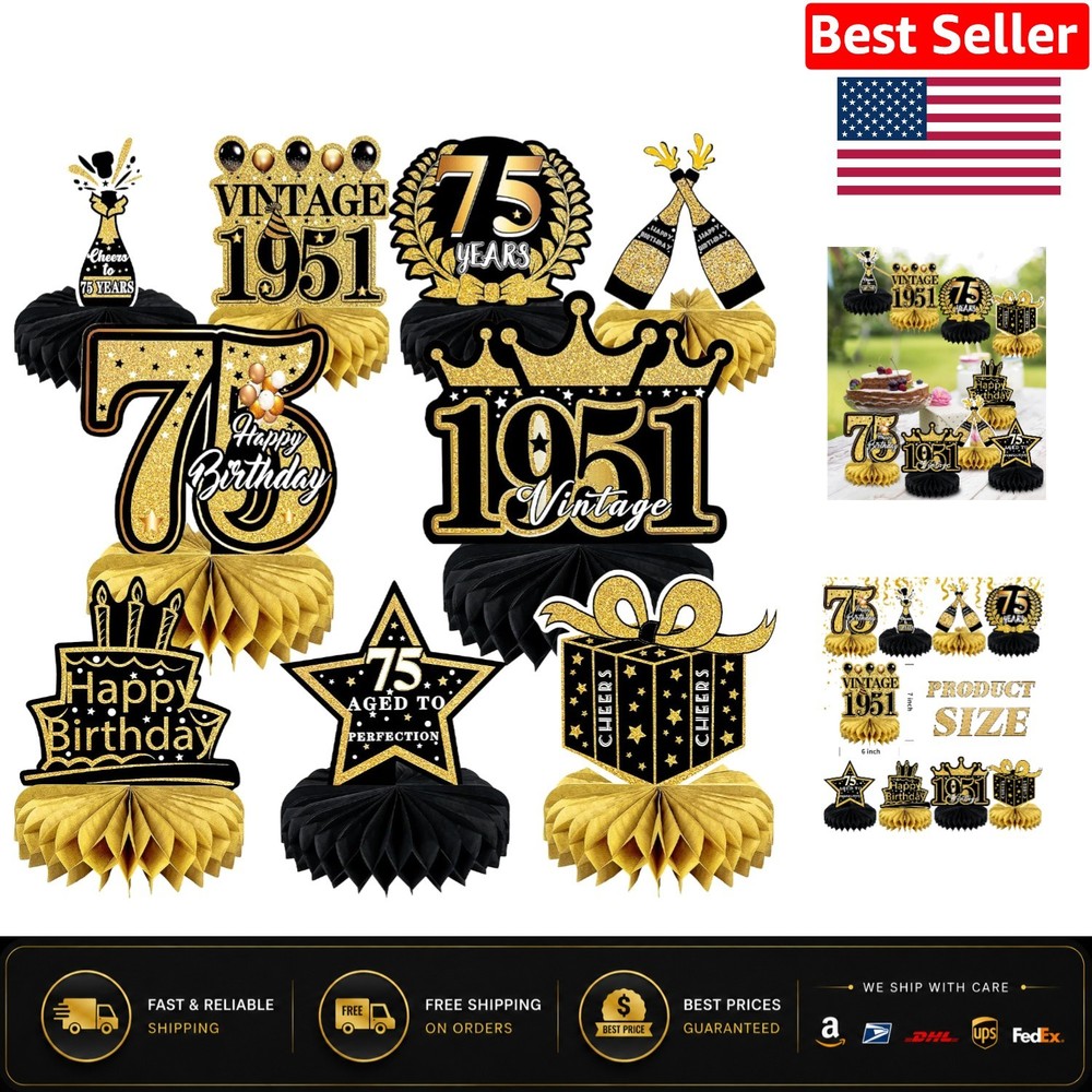 Elegant 9 Pcs 75th Birthday Decorations for Men & Women – Honeycomb Design