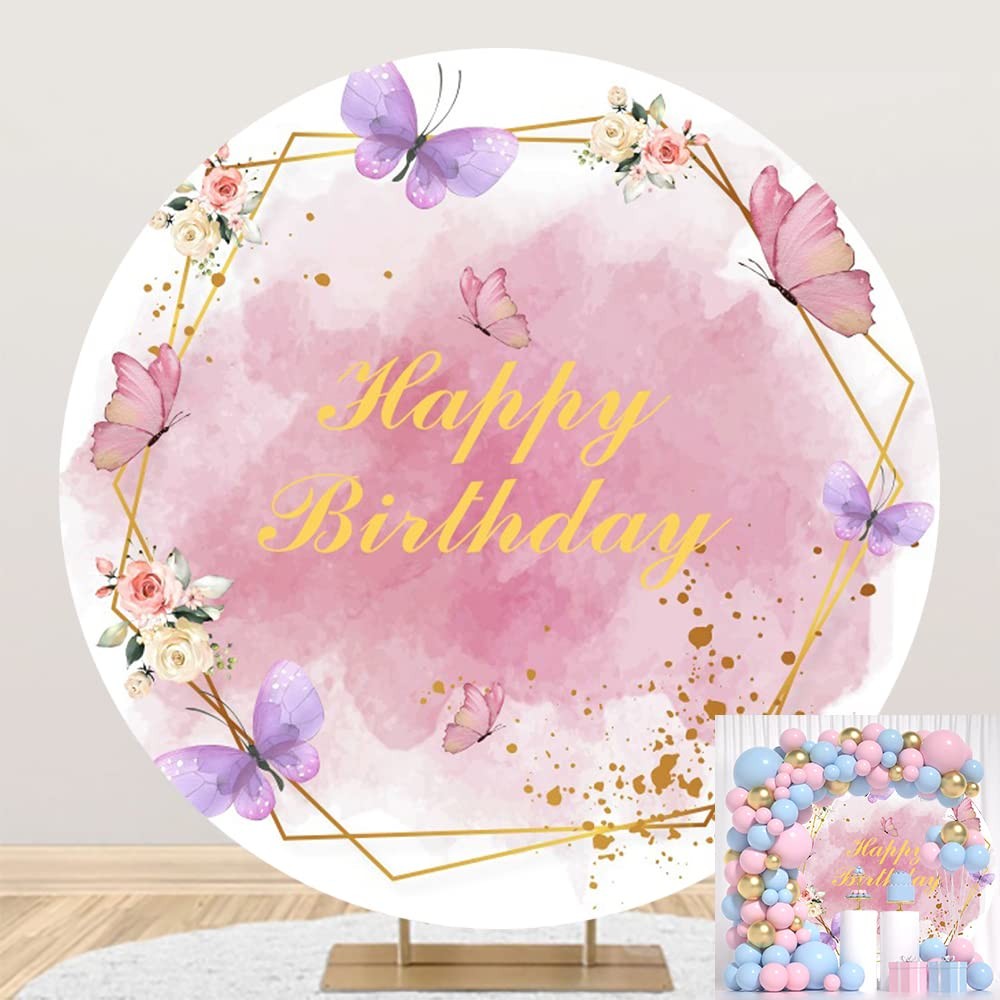 7.2×7.2ft Polyester Butterfly Floral Birthday Round Backdrop Cover Pink Purple