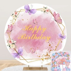 7.2×7.2ft Polyester Butterfly Floral Birthday Round Backdrop Cover Pink Purple