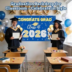 2026 Graduation Backdrop Blue – 70.8″x43.3″ Congrats Grad Banner for Party, C…